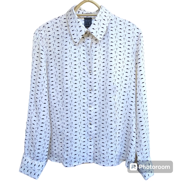 Due Per Due White Silk Blouse Collared Flowy Long Sleeve Double Cuffed Size 12 - Picture 7 of 17